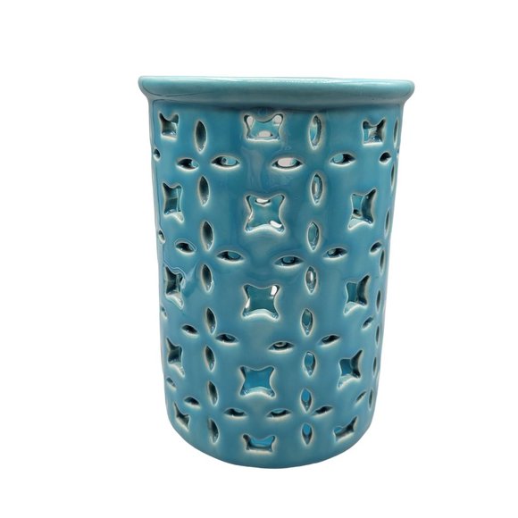 Cut Out Hurricane Candleholder Turquoise Ceramic Cost Plus - Picture 1 of 5